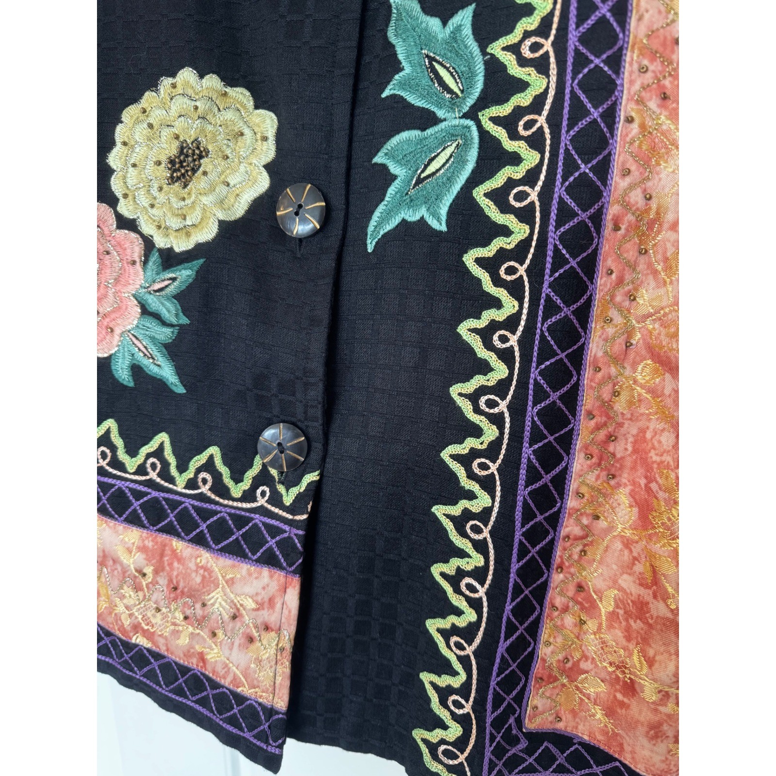 Vintage Indigo Moon Embroidered Floral Jacket Large Boho Art to Wear Patchwork
