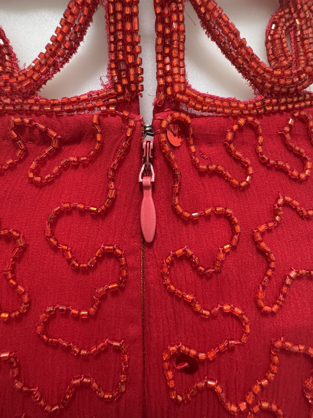Sean Collection Vintage 90s Red Sequin Silk Gown Beaded Cage Back Formal L