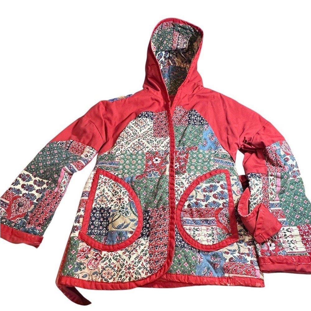 Vintage Handmade Quilted Patchwork Jacket Hooded Tie Front Cottagecore Boho
