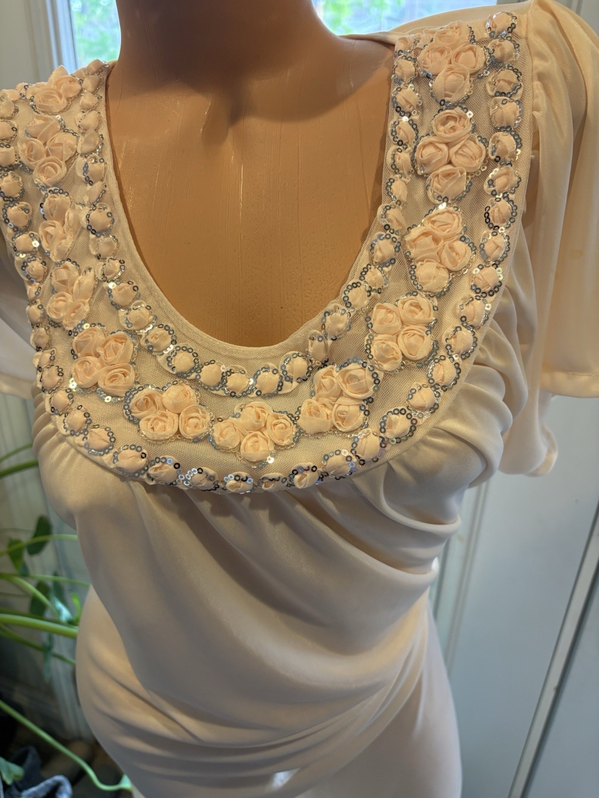 Vtg Satin Soft CreamSickle Shiny Silver Sequins Gown Sheer Long Dress Nightgown