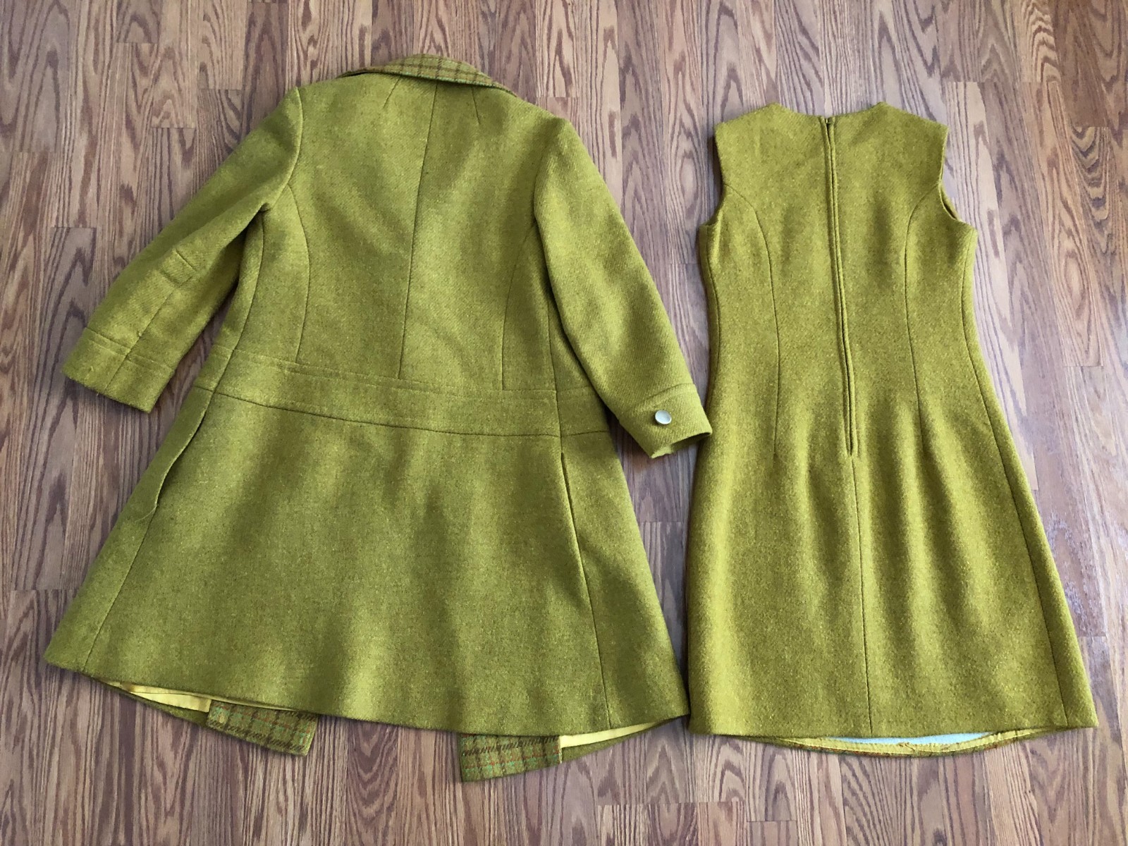 Vintage 1960s Women’s Wool Plaid Coat & Matching A-Line Dress see measurements