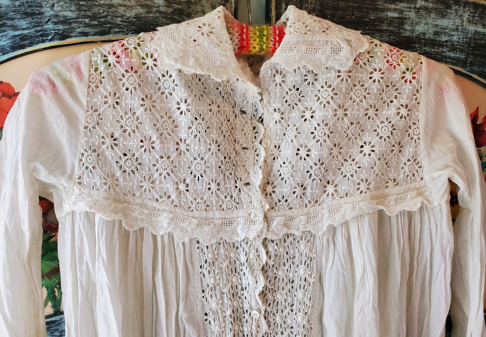 Antique Long Cotton Nightgown w/ Fancy Eyelet Bodice & Front Panel – XS/S