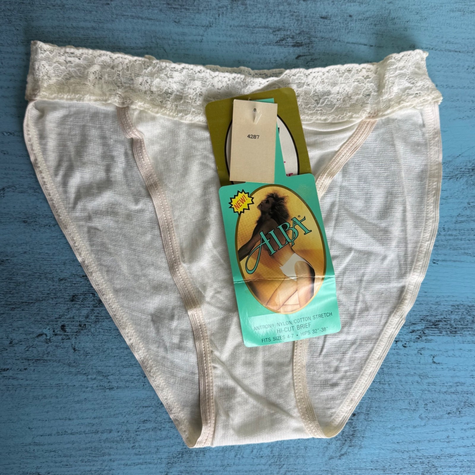 NWT Vtg 80s Alba Nylon/Cotton Lace High French Cut Panties Sz 4-7