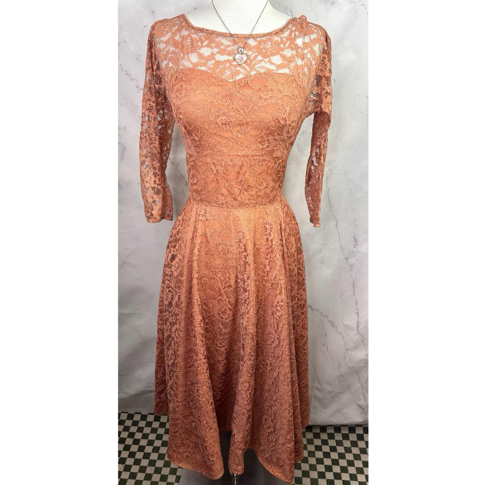 Vintage 50s Tea Dress Wedding Prom Party XS Drop Waist Lace Peach MCM Mad Men