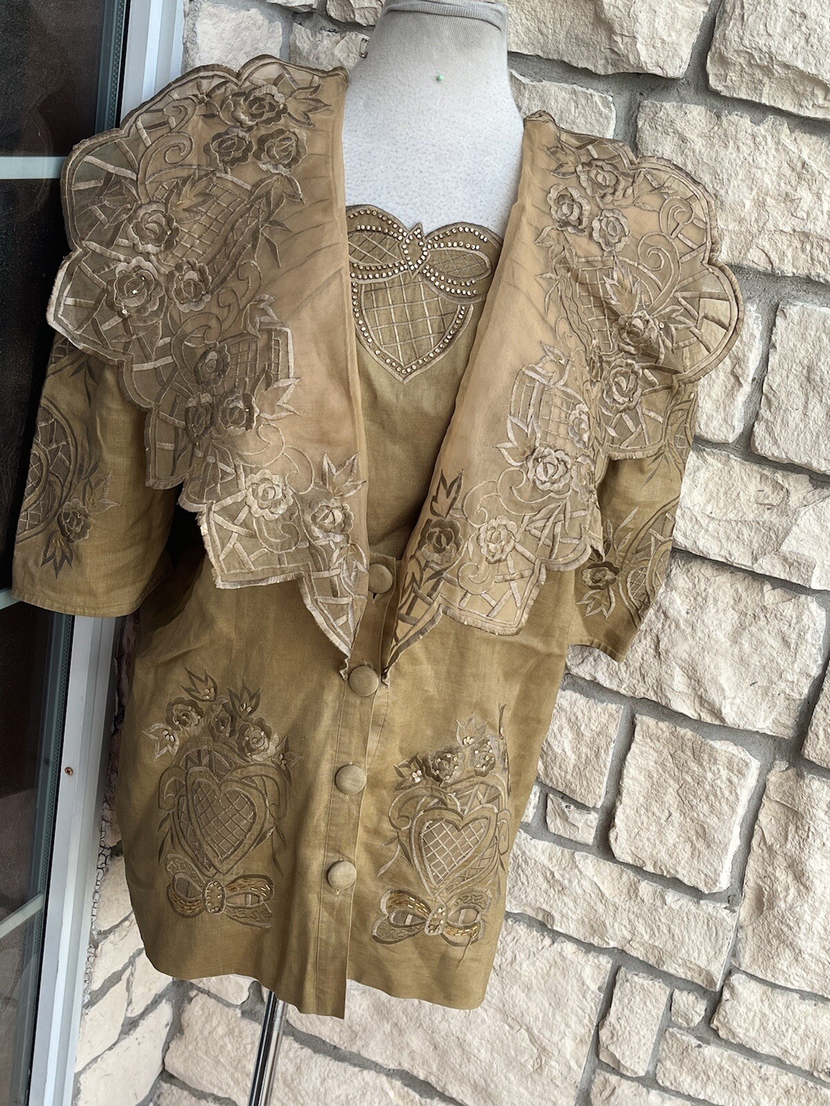 1980s Vtg Crisp LINEN top Lined brown Net Applique -DA VINCI Italy large?see des