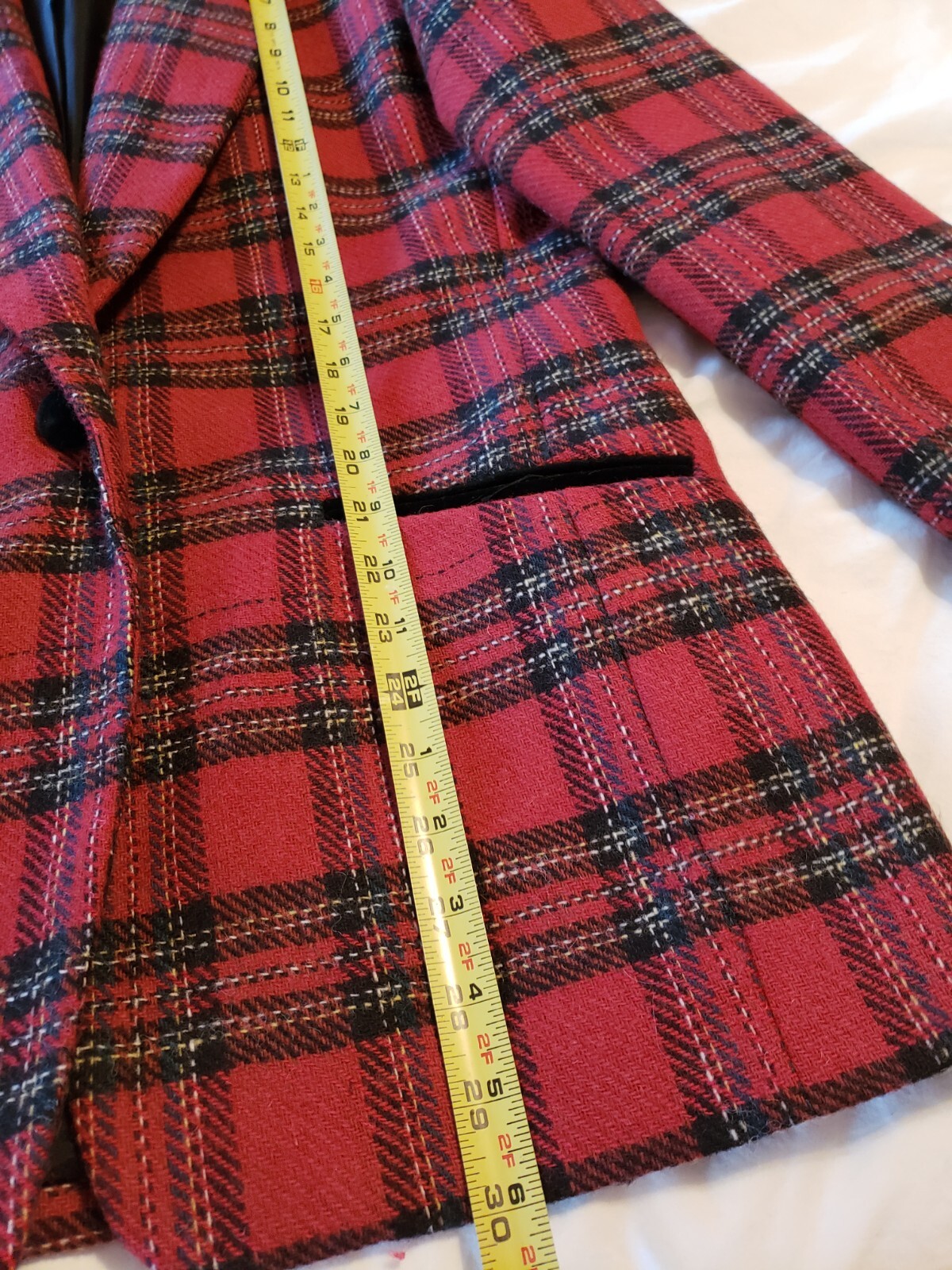 Casual Corner Plaid Blazer Jacket Red/Black Velvet Collar & Trim Wool Sz 8