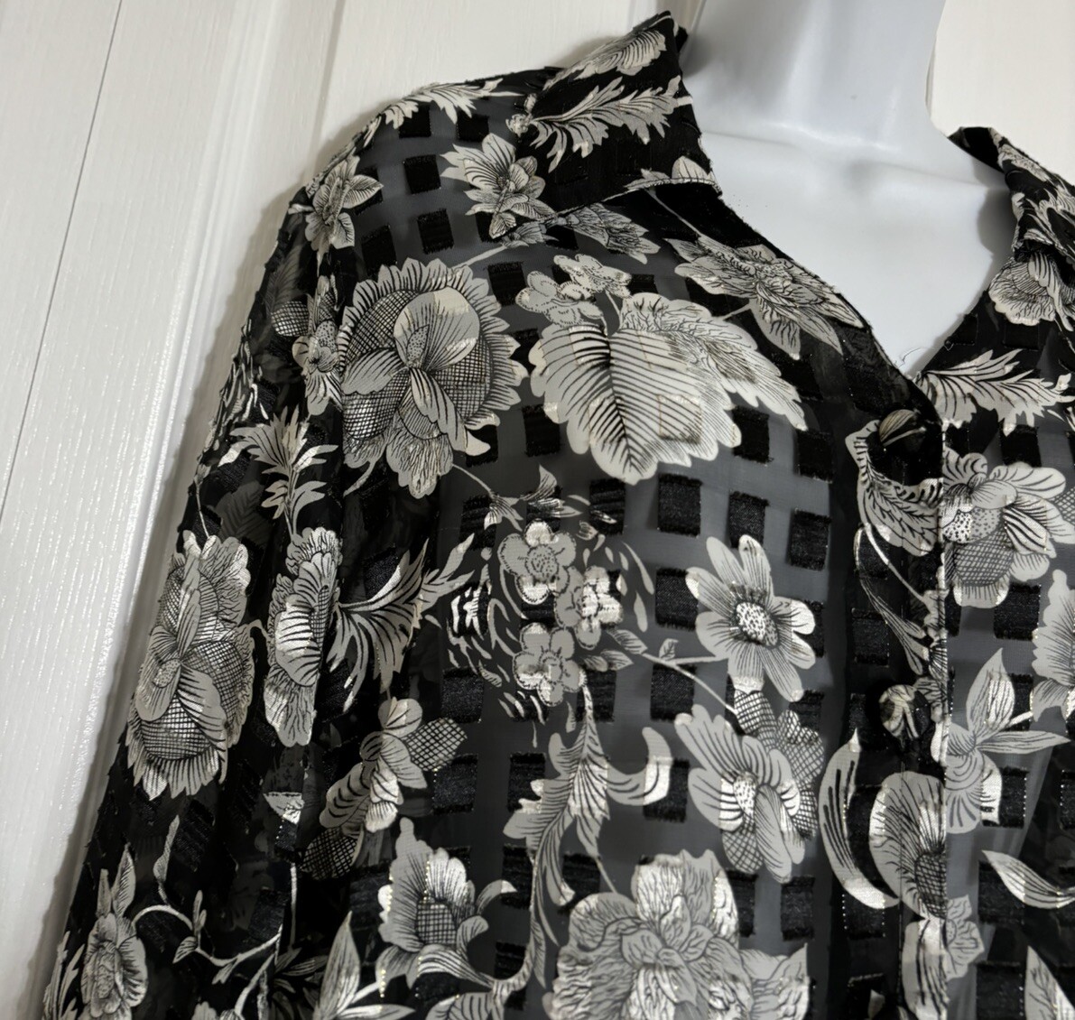Vtg Y2K Ashley Stewart Black Floral Long Sleeve Button Up Blouse Top Sz 16