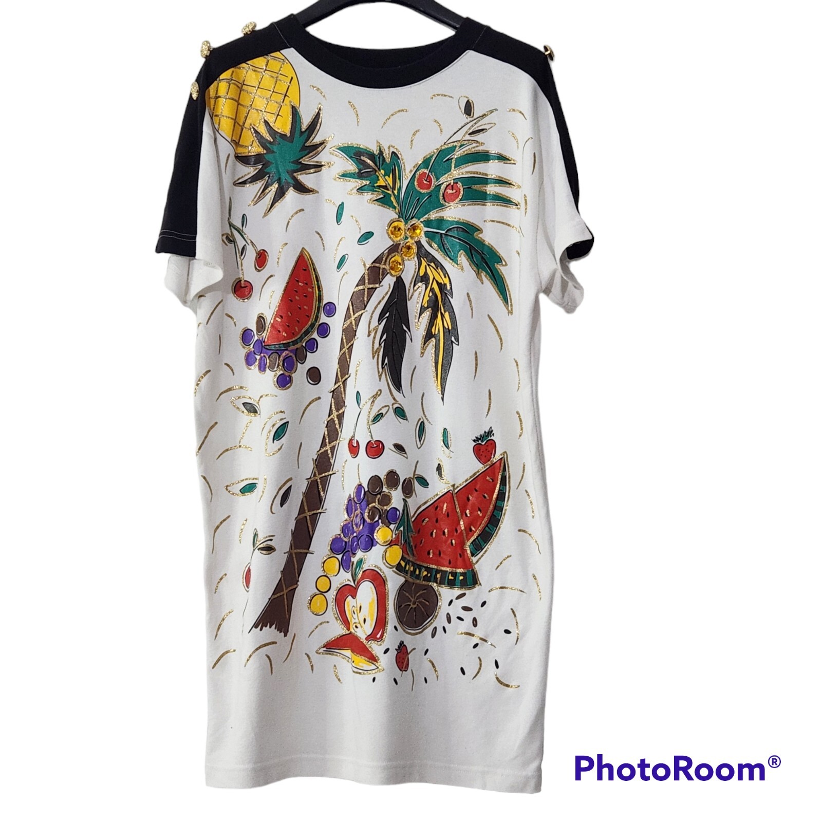 Vintage 80s Adolfo Sport Casual VacationDress Shoulder Pads Fruit Palm Trees
