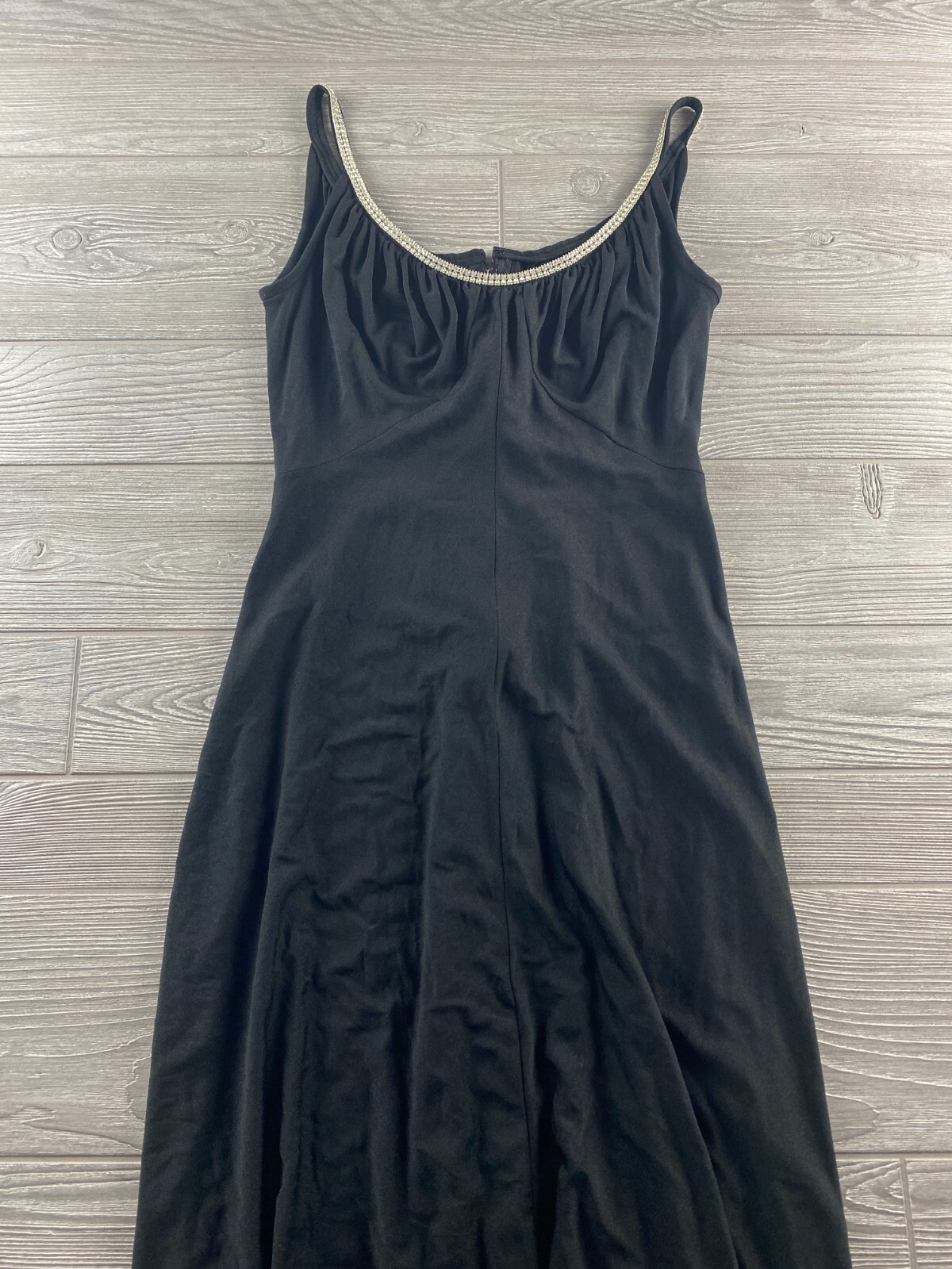 VINTAGE MISS ELLIETTE SLEEVELESS BLACK MAXI DRESS GOWN ELEGANT Rhinestone Trim