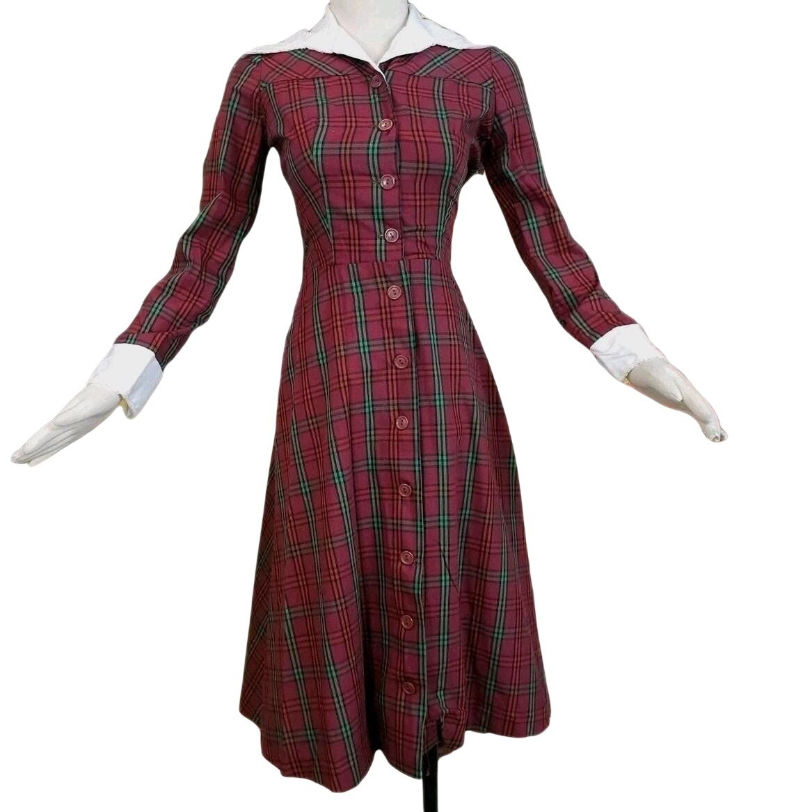 Vintage Red Burgundy Tartan Plaid Wednesday Pointed Collar Button Dress Gown