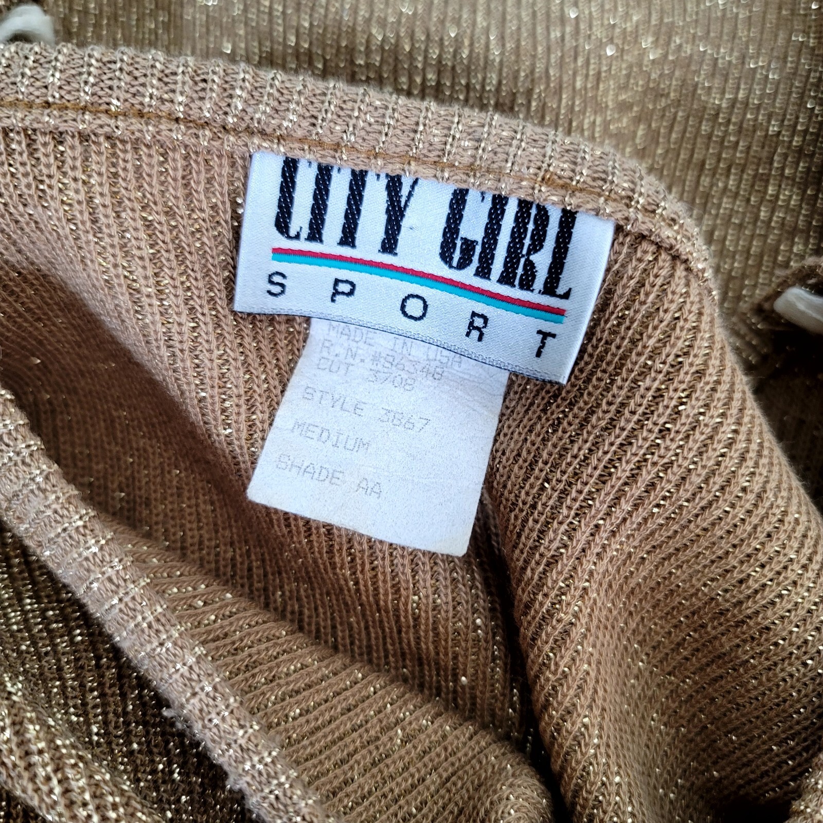 Vintage 90s City Girl Sport Gold Metallic Knit Cap Sleeve Top Shoulder Pads