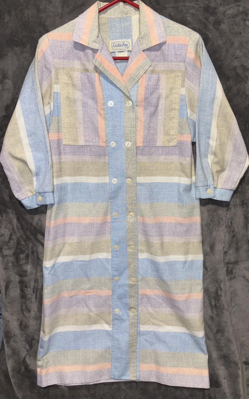 Vintage 70/80s Leslie Fay Dress 10 Water Pastel Shirt Dress Union Made Grandma