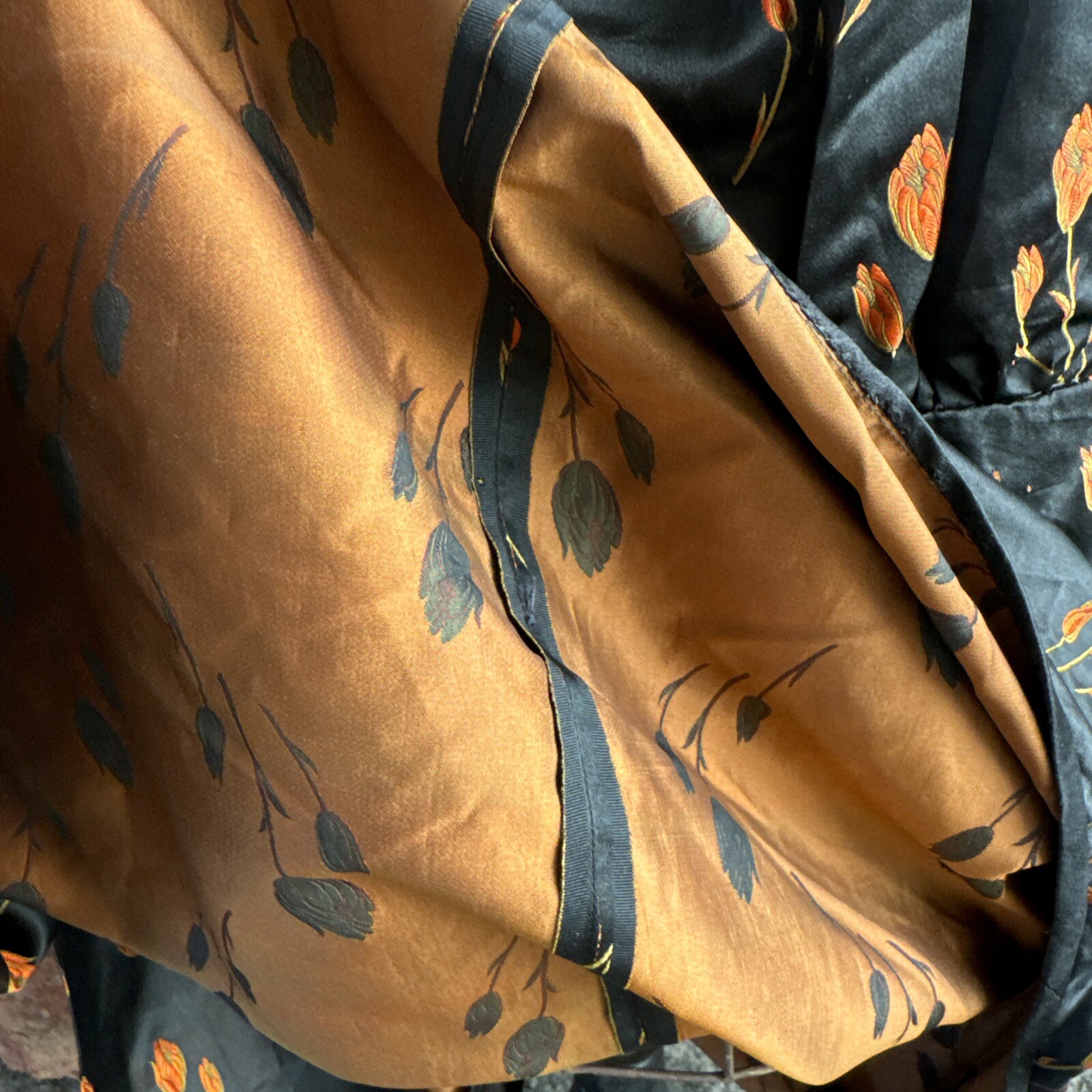 Antique 1920s Orange Tulip Silk Brocade Dress 1890s Fabric Full Length Vintage