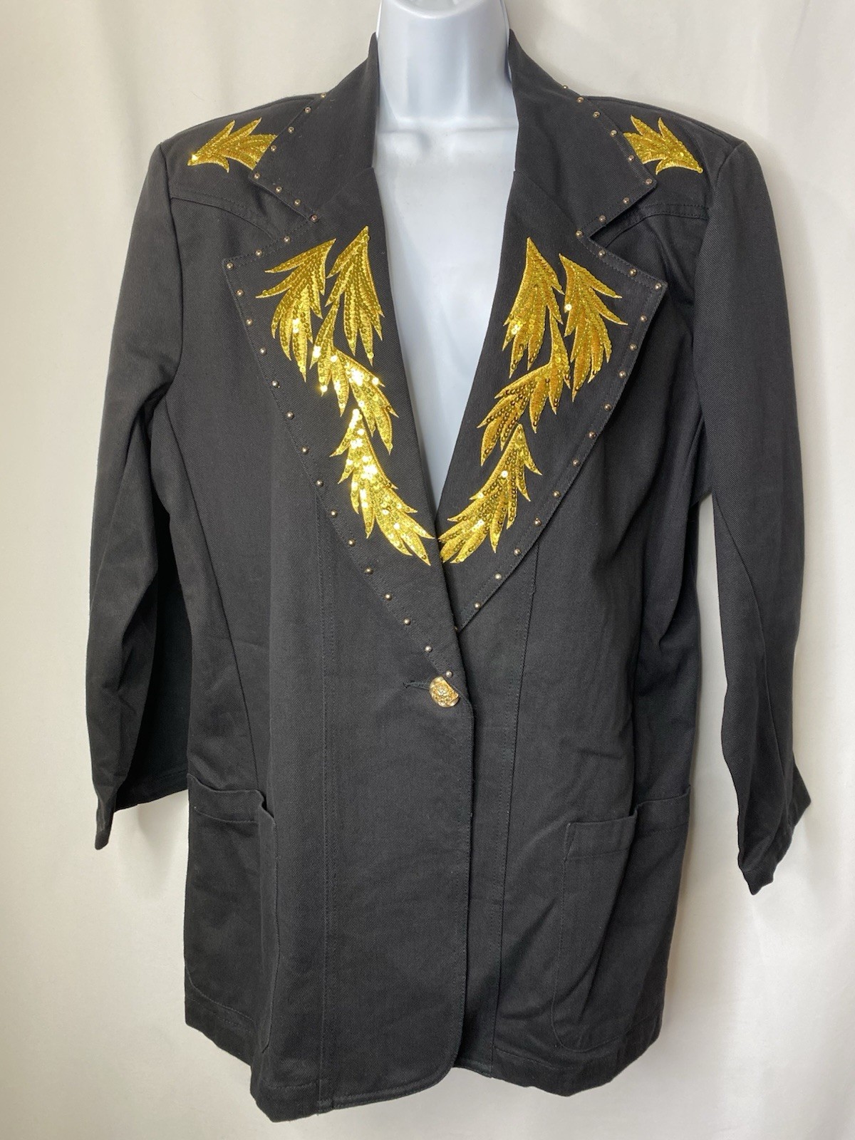 Vintage JenJen by Darian Blazer Size Large Denim Gold Embroidery Rhinestone 80’s