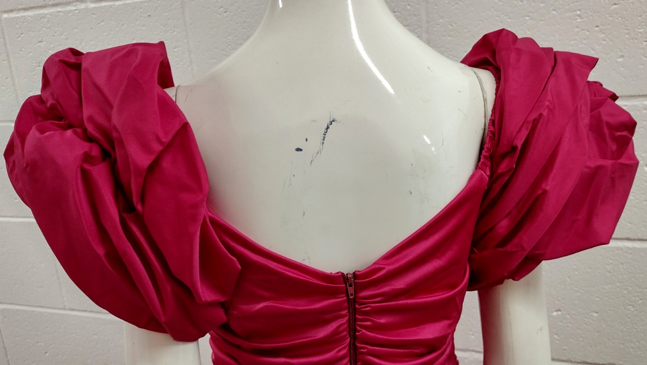 80s Couture Dress Pink Fuchsia Balloon Sleeve Rhinestone Buttons SAMIR 80s M
