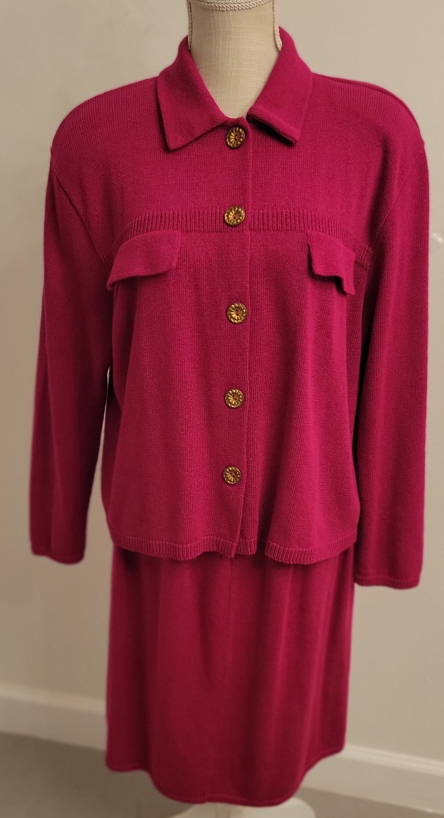 Vtg Knit Skirt Suit Lg 2Pc Laura Alyzia 70’s Fushsia Sweater Shoulder Pad USA