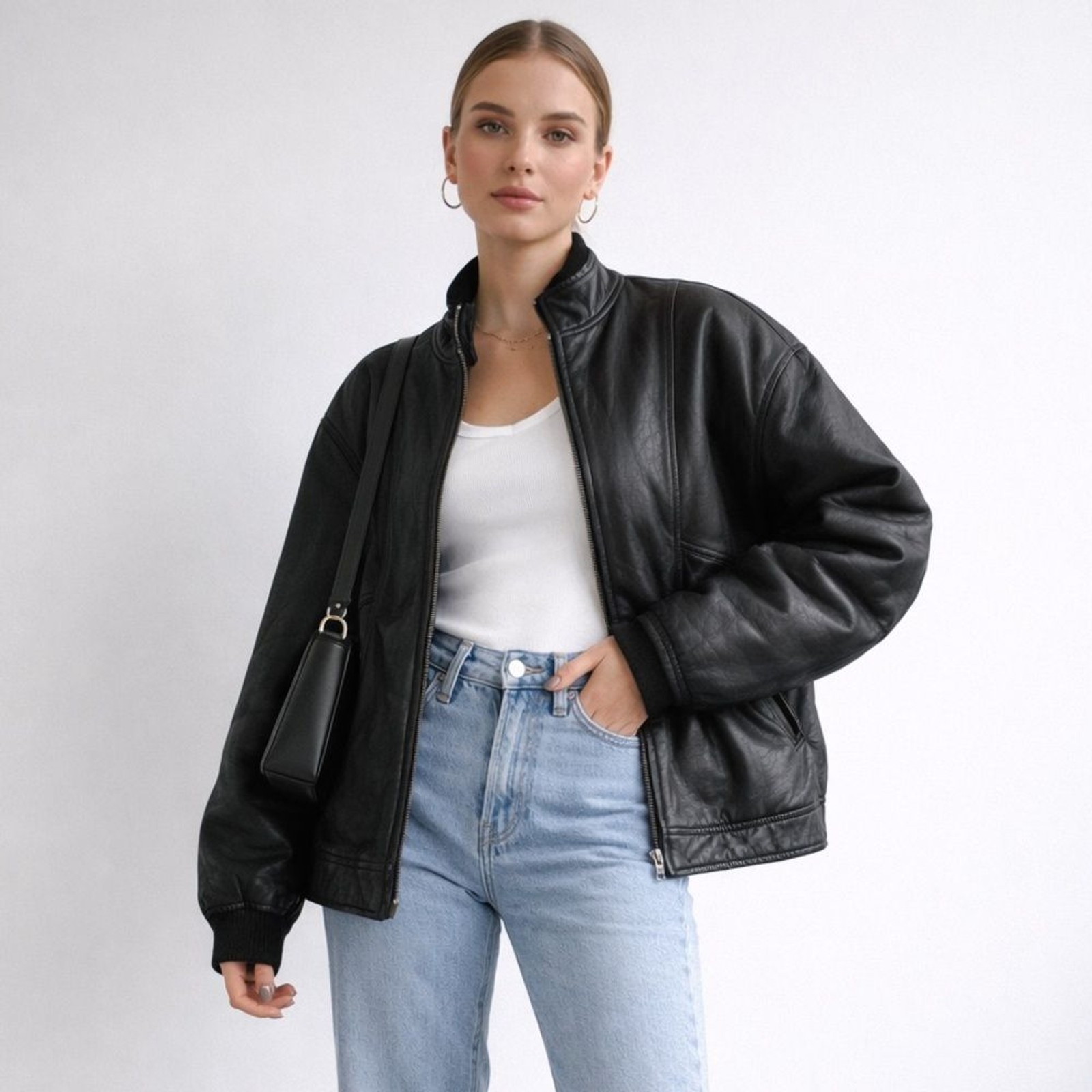 Vintage 90s Black Leather Jacket L Sherpa Lined Minimalist Moto YKK Zip