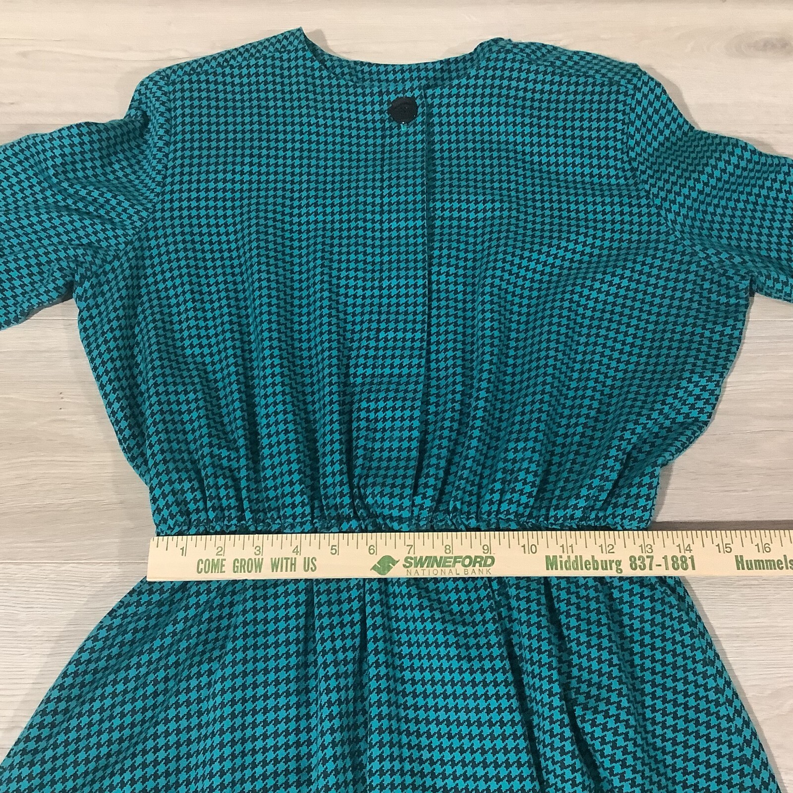 Vintage Via Sant Andrea Dress Jade Green Houndstooth 1/2 Button Peasant Sz12 USA