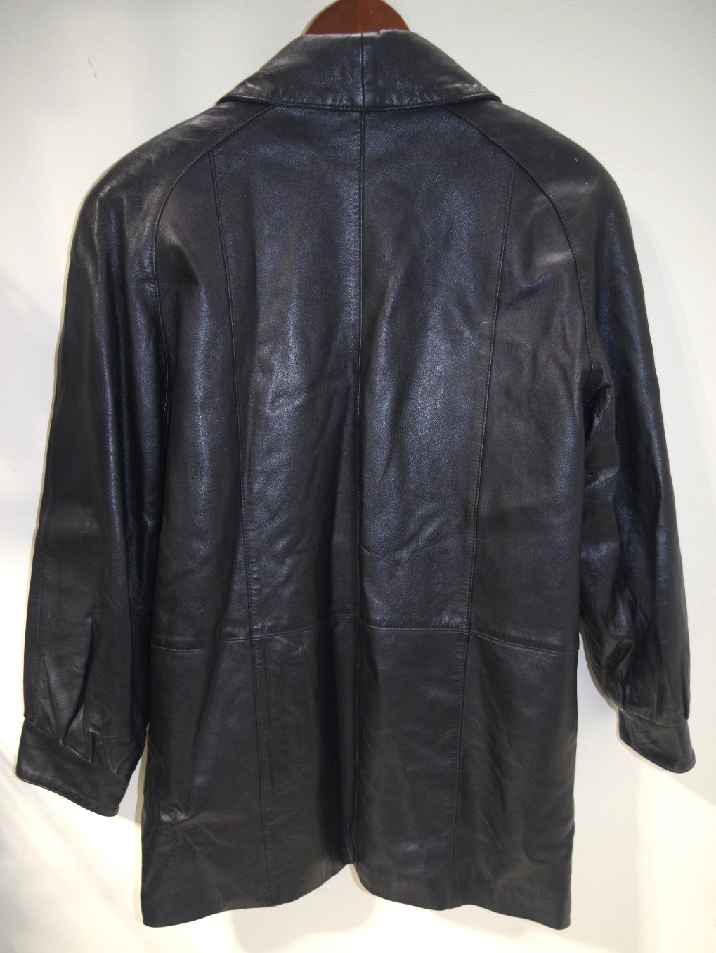 10B Vintage Womens M/L Black Leather Jacket Shawl Collar Raglan Coat