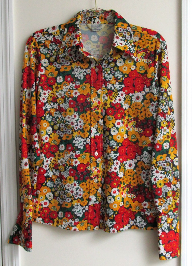 1970s Mod Flower Power Daisies Woman’s Sz 16 Shirt Pointed Collar Button Cuffs