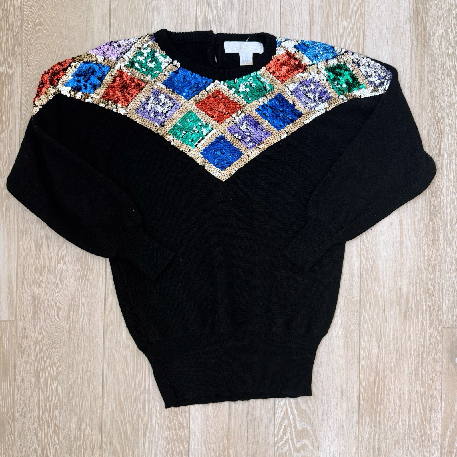 Vintage 1980’s Jane Ashley Women’s Size M Black Sequin Sweater Cinched Waist