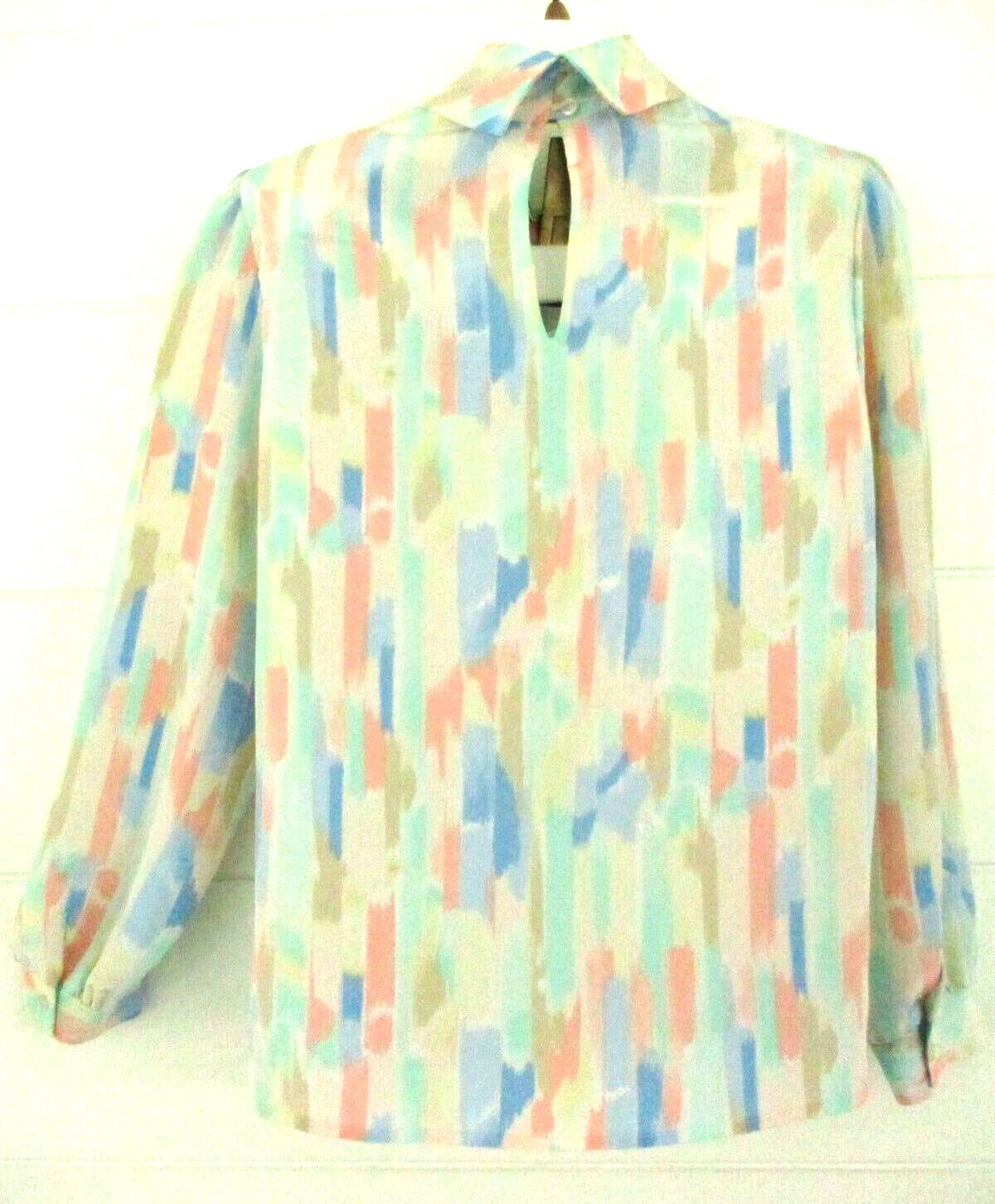 Vtg 1980’s Pastel Multi High-Neck Secretary Blouse Size 16 Striped Puffy Sleeve