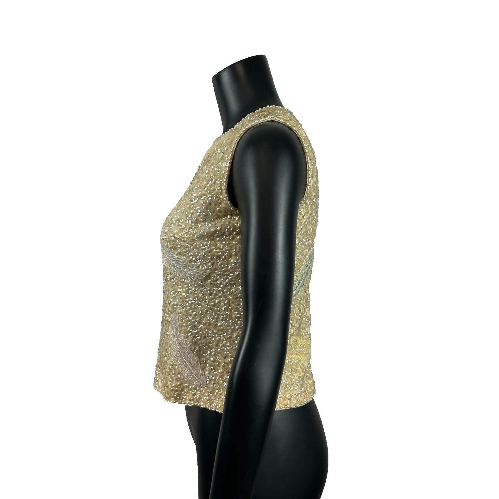 Vintage Sleeveless Sequin Beaded Feather Top Women’s Medium Shell 1950s Flaw