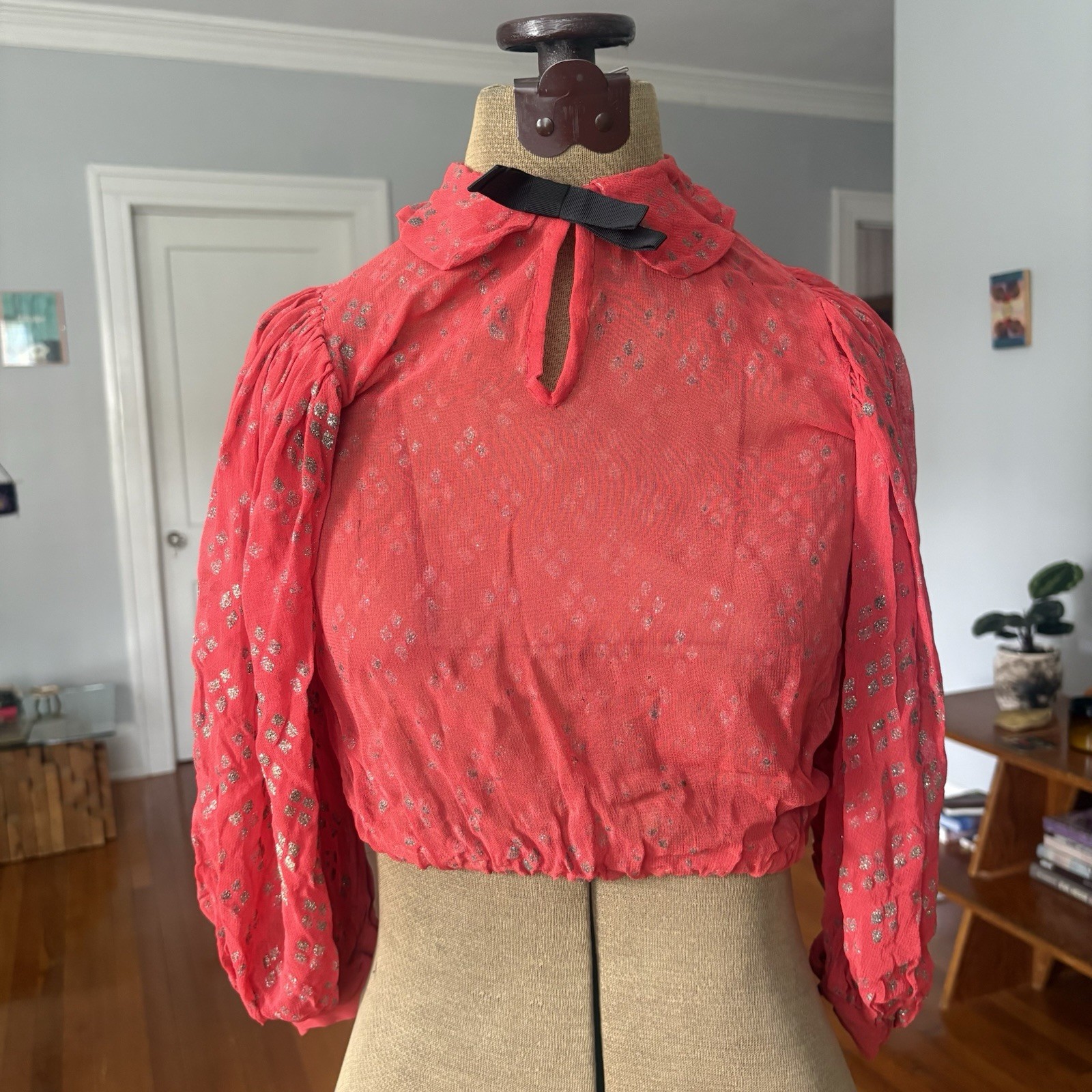 Vintage 1930s 40s Red Chiffon Blouse Top Women’s As Is Glitter Pattern