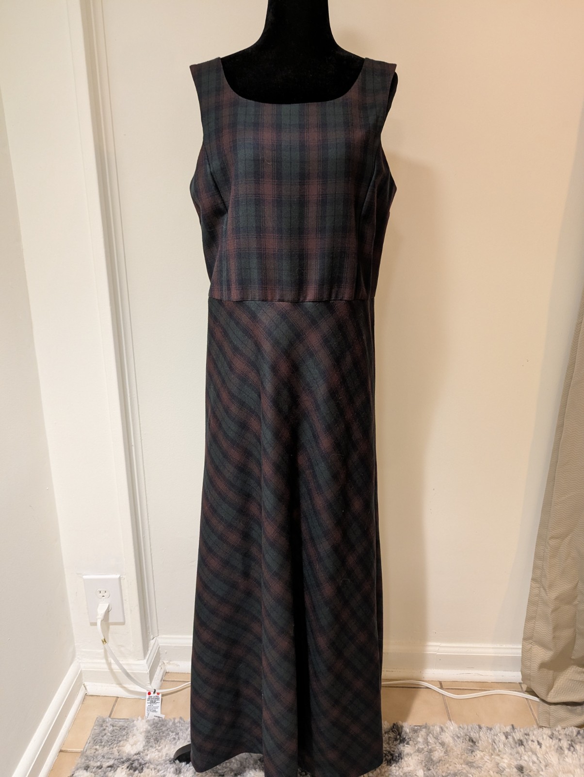 Vintage 1990s Laura Ashley Plaid Tartan Dress Sleeveless Size 8 Brown Green Wool