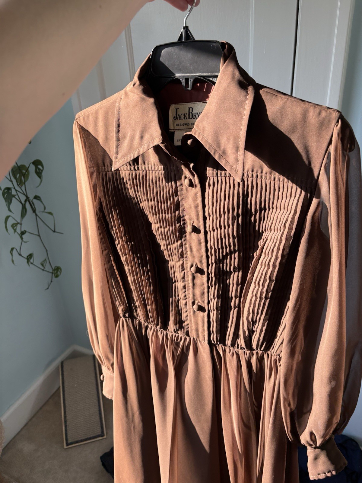 VTG 1960s Jack Bryan Chocolate Brown Pleated Chiffon Lantern Sleeve Midi Dress