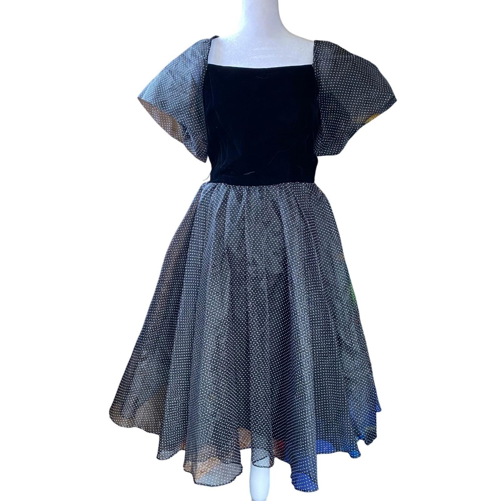 Vintage Velvet Polka Dot Organza Puff Sleeve A Line Black Midi Dress 12 Femme