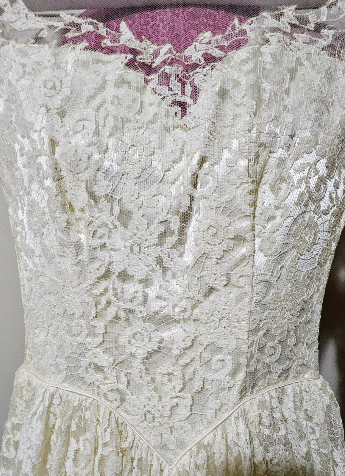 Vintage 50s Maurer Wedding Dress Tulle Lace Button Up Cottage Core
