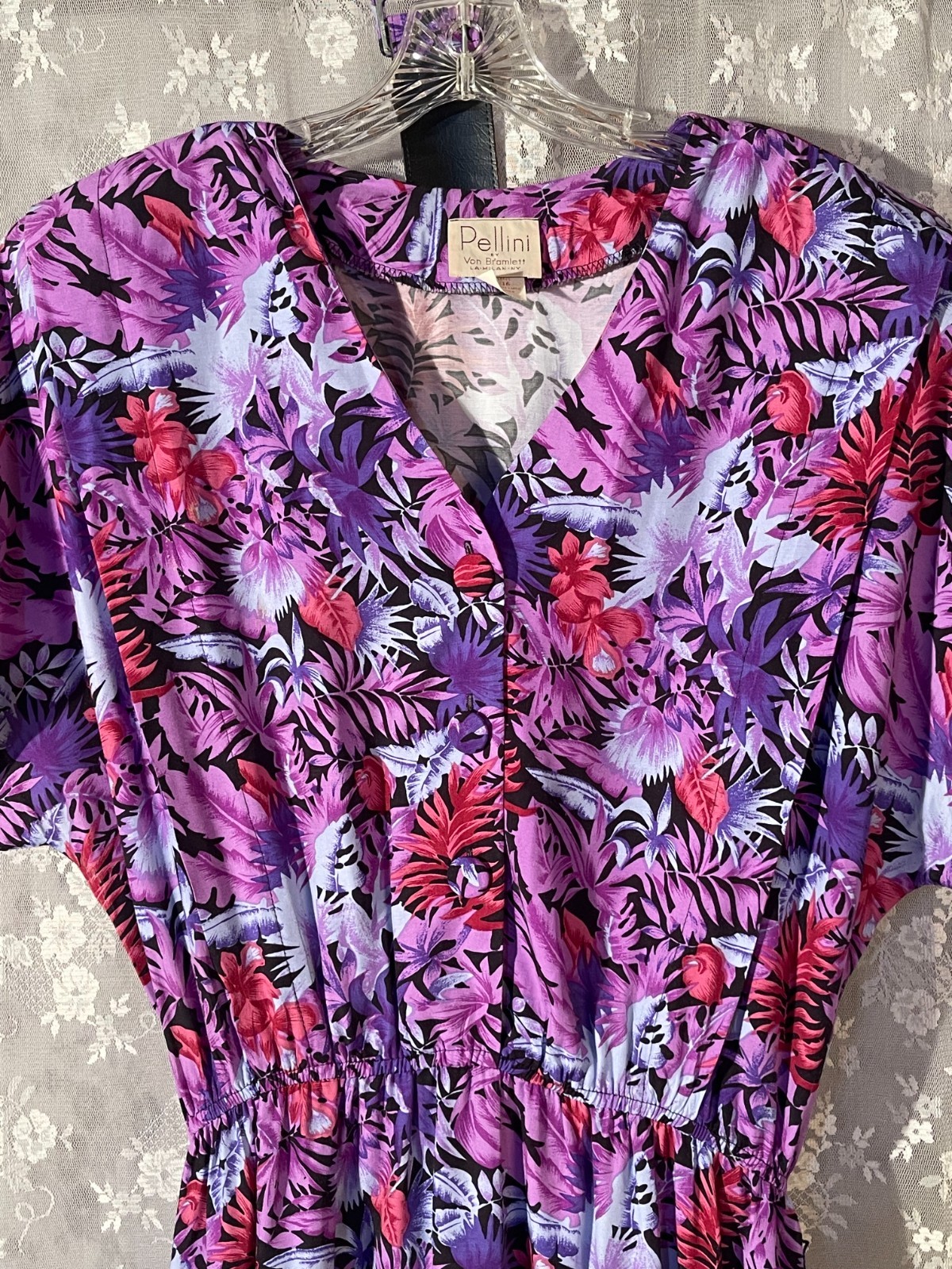 Vintage 80s Purple Dress Size XL 1980s Retro Tropical Floral Rayon Shirt Waist