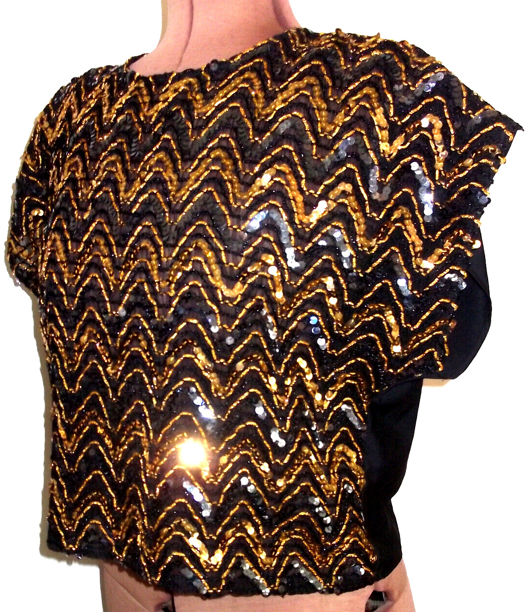 Vtg Black ADAMO Gold SEQUINED Pullover SHORT SLEEVE Evening Cocktail TOP/Size S