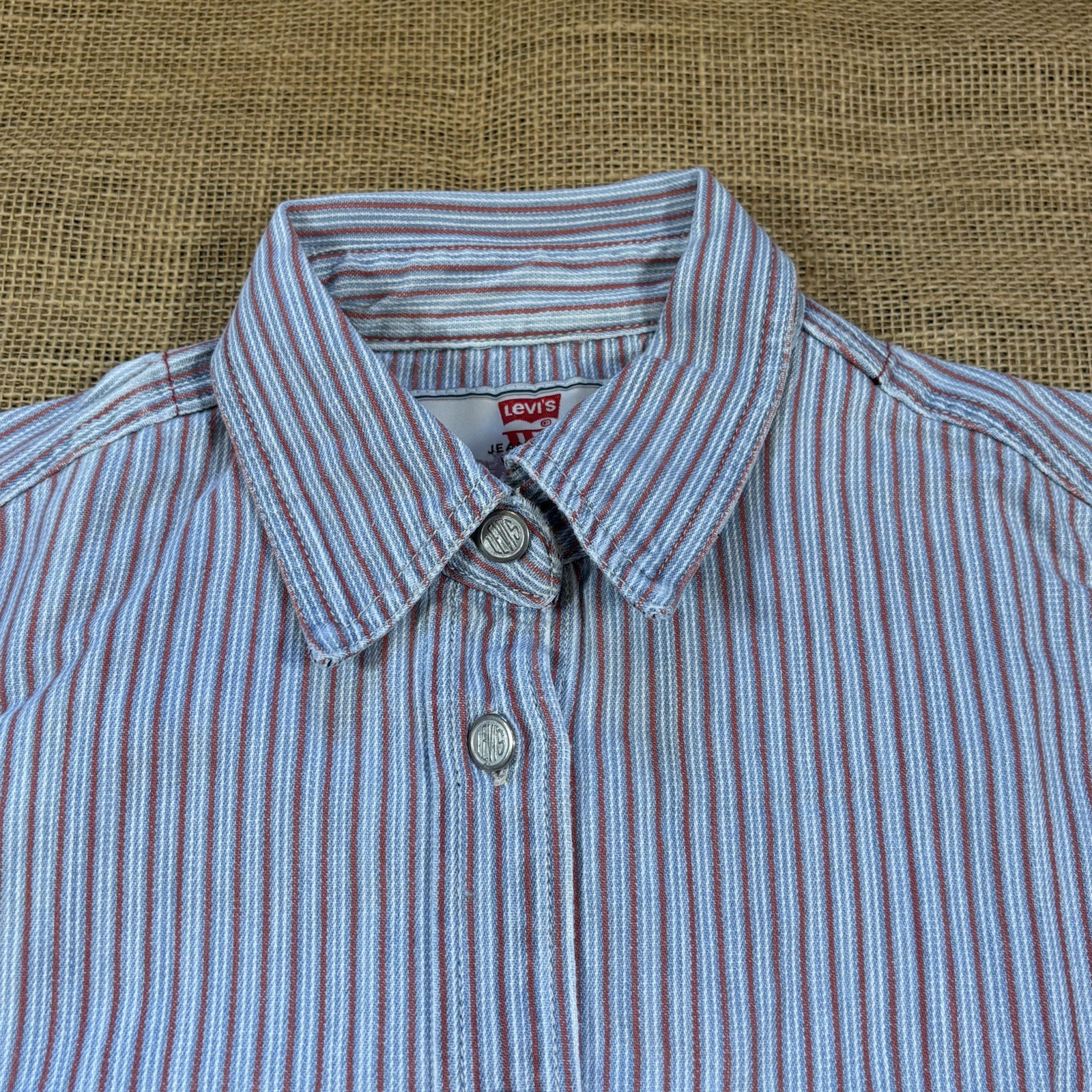 Vintage 90s Levi’s Woman’s Striped Long Sleve Denim Shirt Metal Buttons Size M