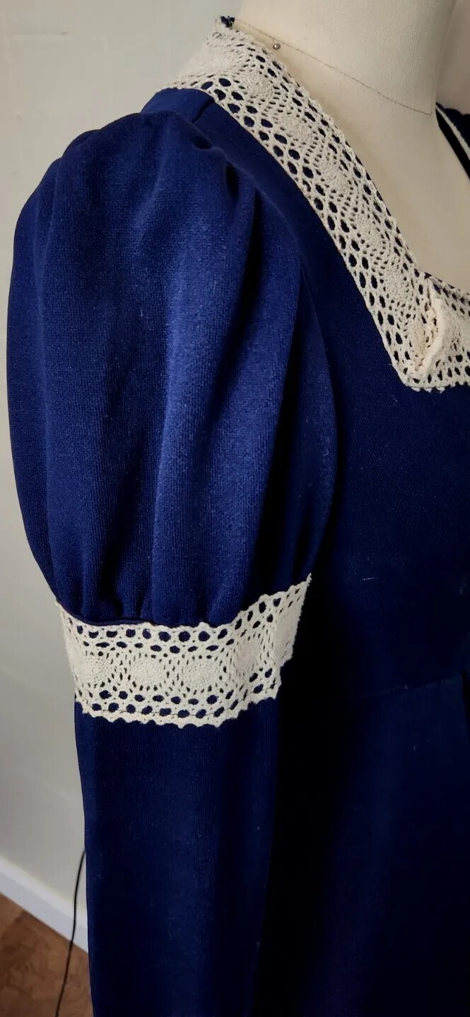 Vintage 70s Royal Blue Ivory White Lace Maxi Dress Tie Empire Waist S or M