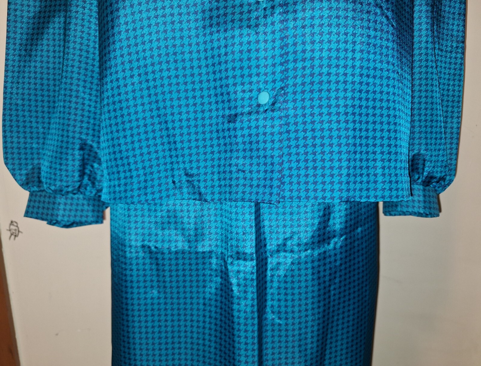 Vintage Dutchmaid Teal/Black Houndstooth 2-Piece Collared V-Neck Sz 40 Skirt Set
