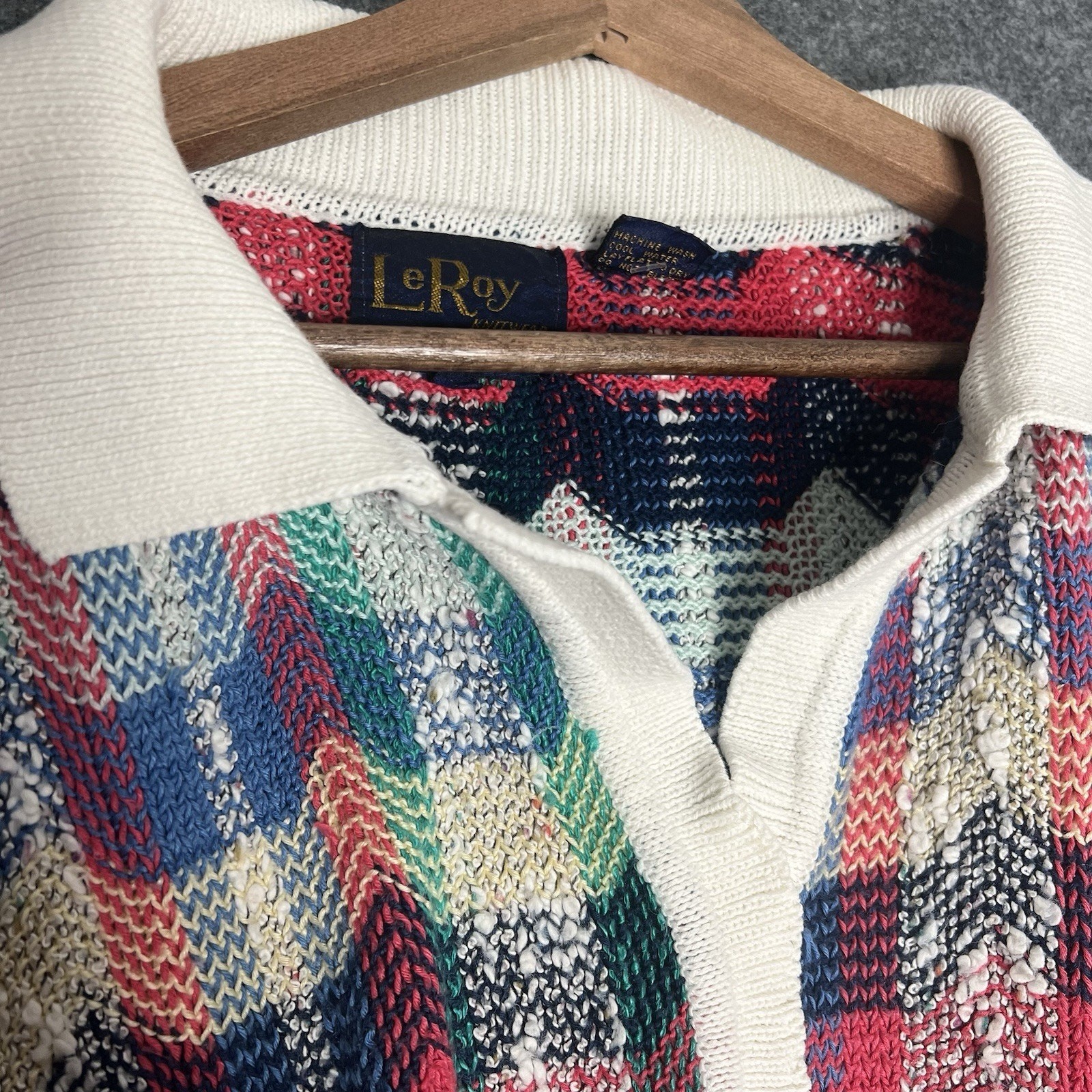 Vintage 80s LeRoy Knitwear Sweater Sz L Collared V Neck Textured Preppy Academic