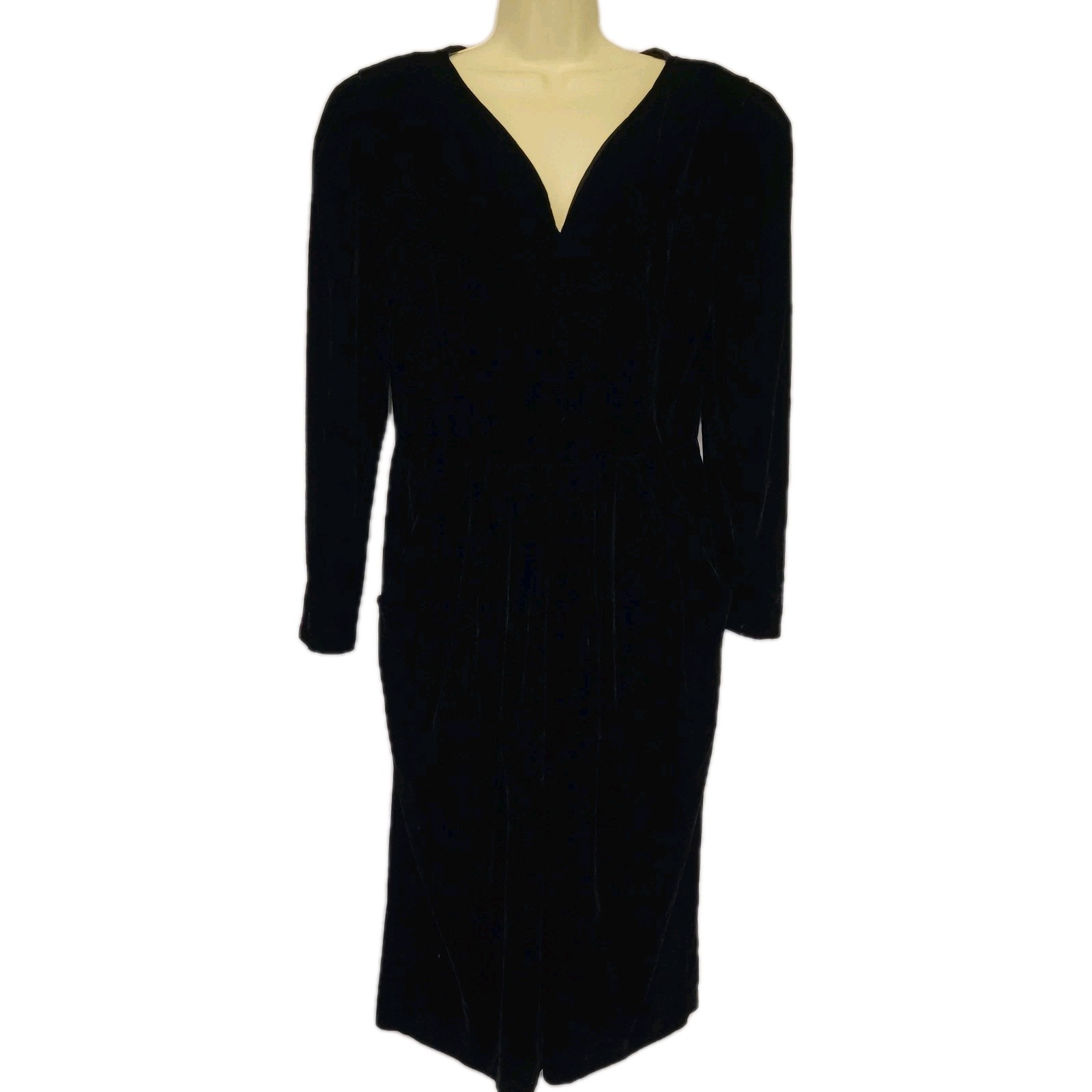 VTG Maggie London Black Velvet V Neck Dress Padded Shoulders Holiday Glam Sz 14