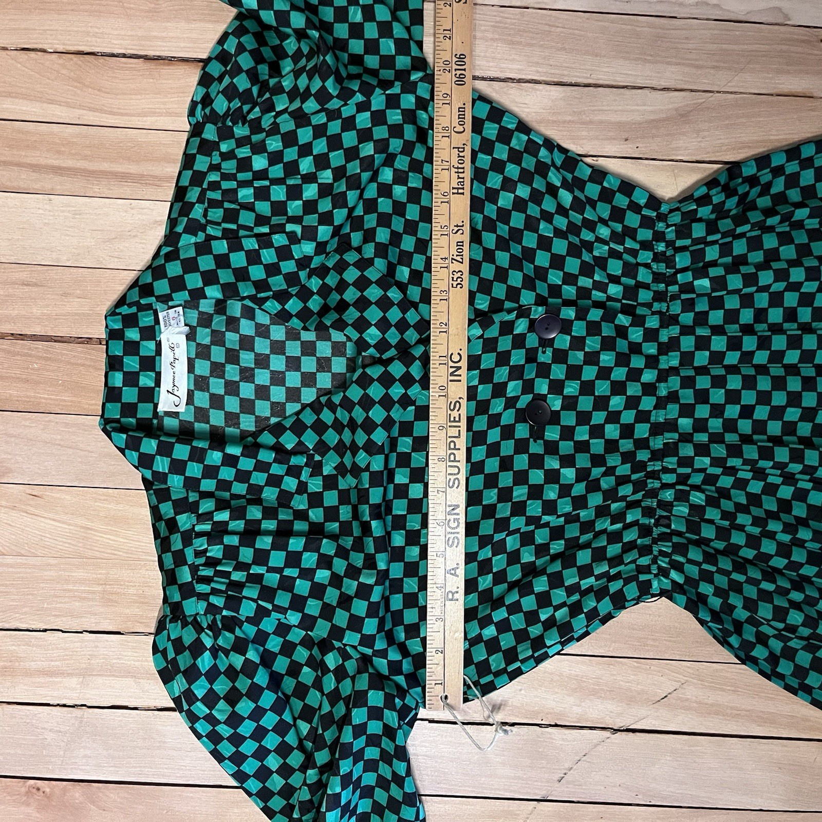 Jaymee Papell Vintage 80’s Green Checkered Dress Cinch Waist Sz 6