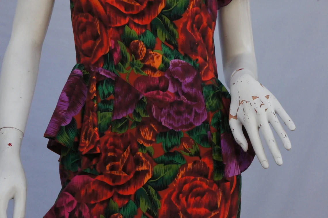Vintage 80s Floral Print Peplum Dress with Open Back By Bugardi Cocktail Dress