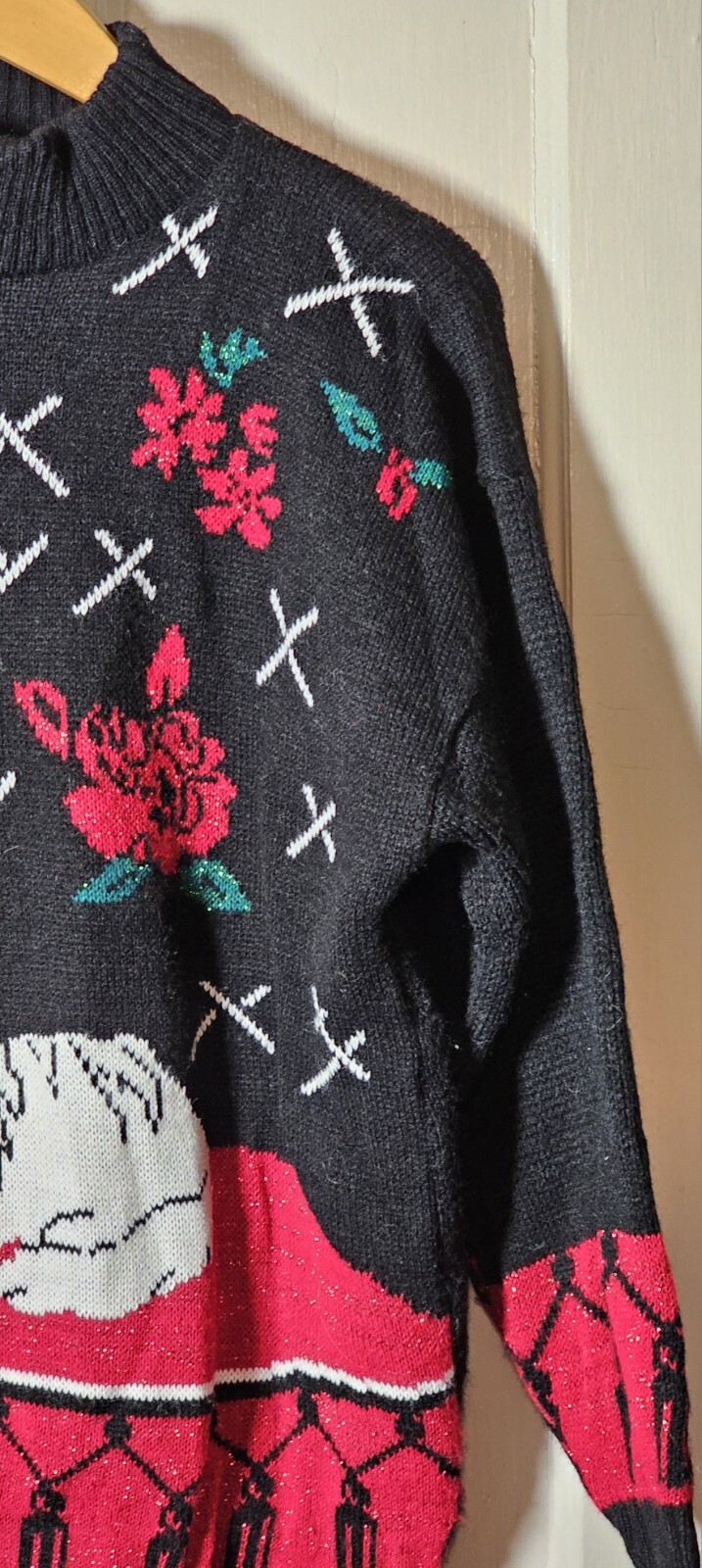 VTG SPUNKY Ugly Sweater Women L Black Red Metallic Whimsygoth White Spooky Cat