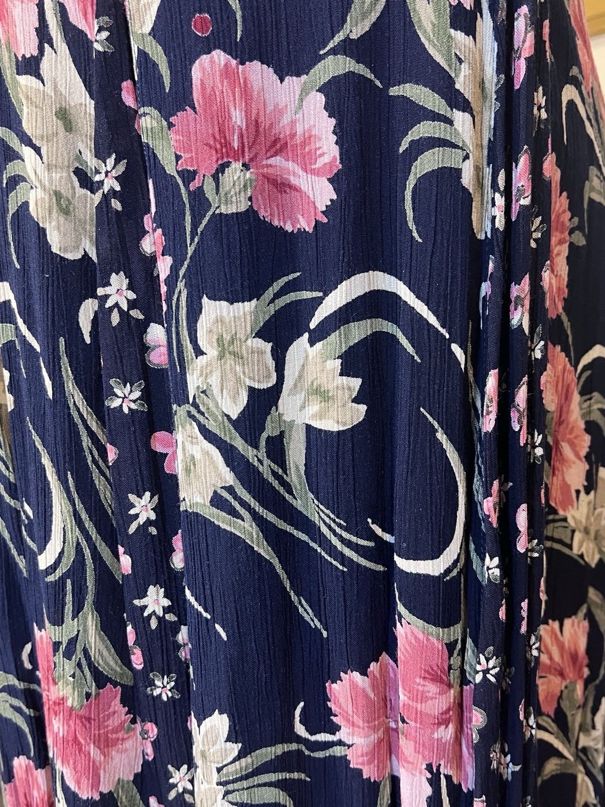 Vintage 80s Starina Navy and Pink Floral Maxi Godet Dress