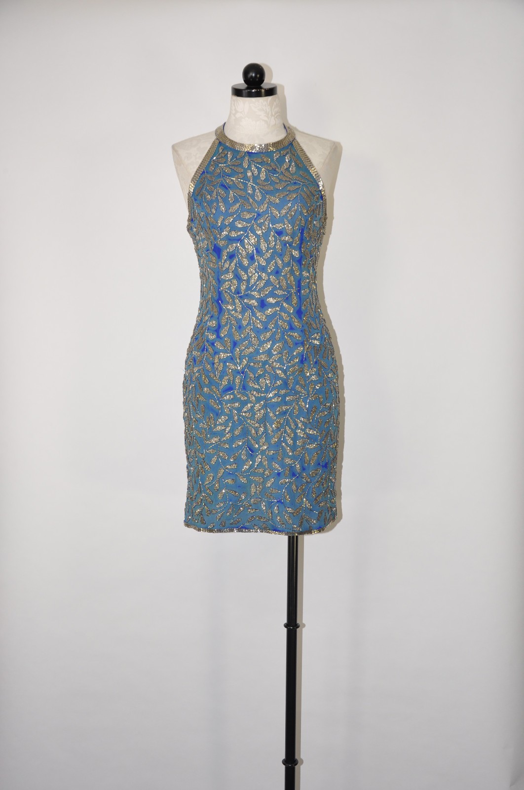 80s Vintage Blue Silk Silver Beaded Jeweled Leaves Backless Halter Mini Dress S