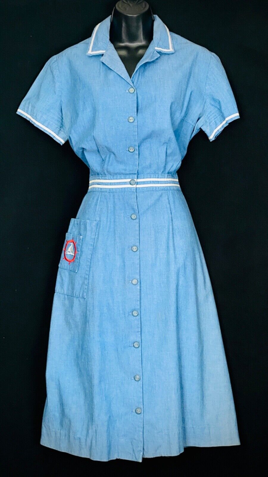 Vintage 1950s blue nautical dress, shirt cotton pin-up embroidered sailor M