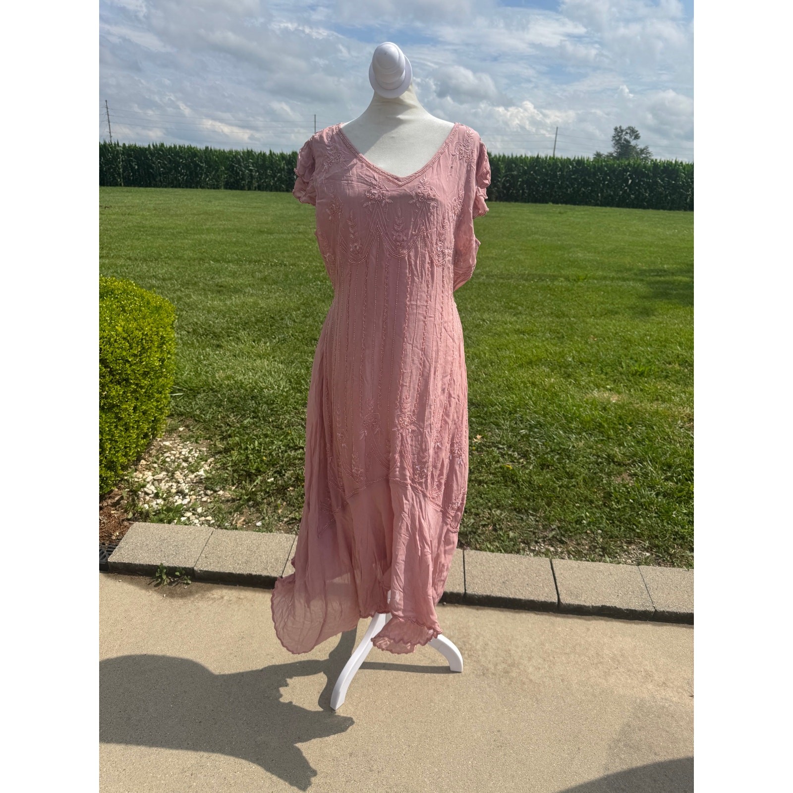 Vtg Y2K Papillon Dress L Pink Beaded Sequin Flutter Sleeve Midi Handkerchief