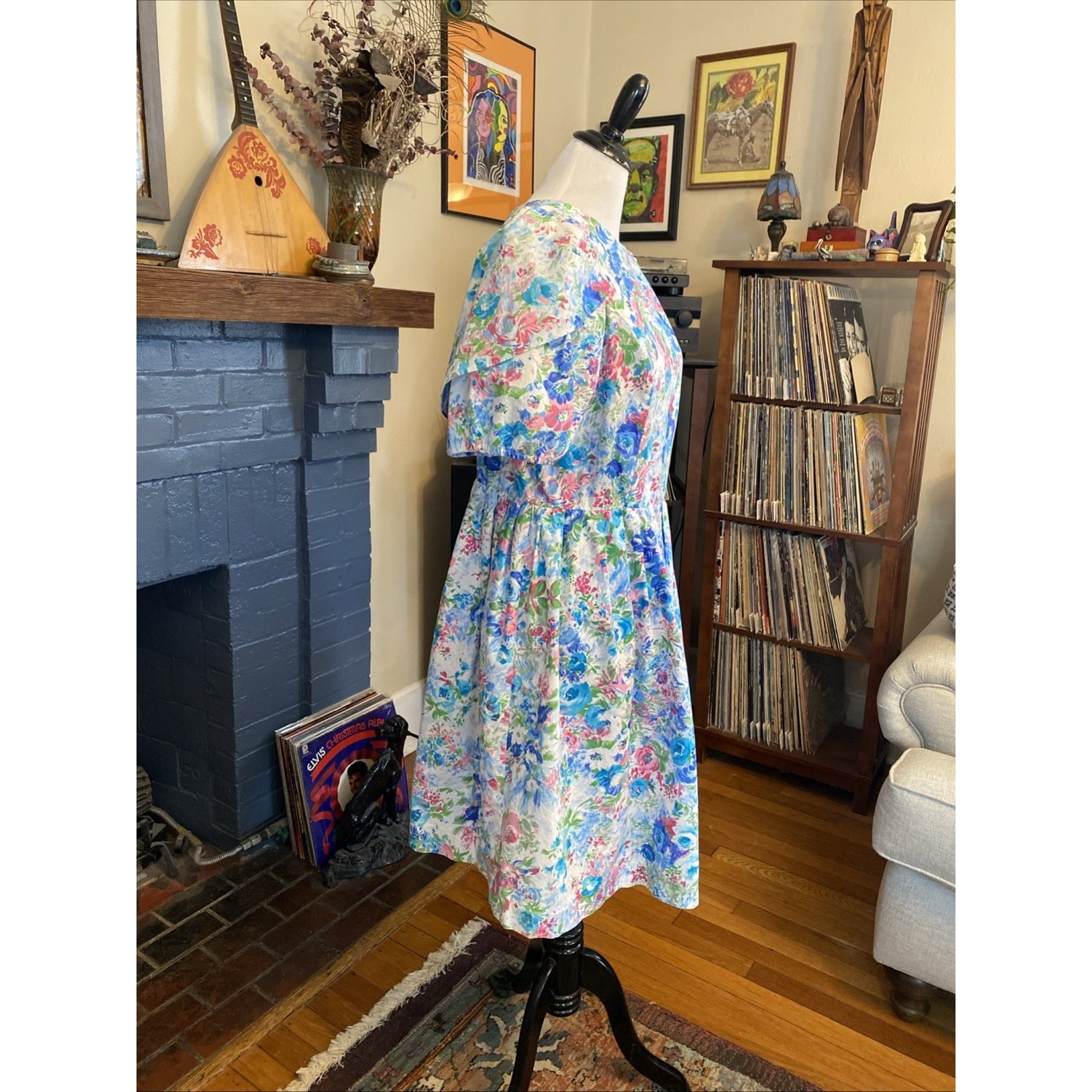 Vintage In Cinq Floral 1980s Tea Dress Puff Sleeve Feminine Midi Cottage 18 L/XL