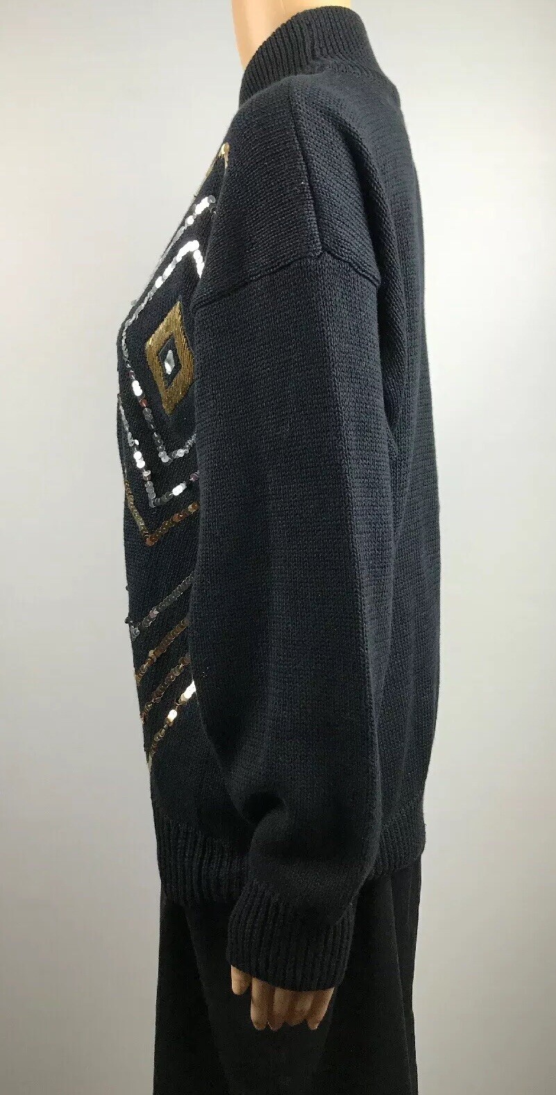 Vtg 80s I.B DIFFUSION WOMEN’S BLACK RHOMBUS SWEATER BEADED SEQUIN 52% Ramie Sz M