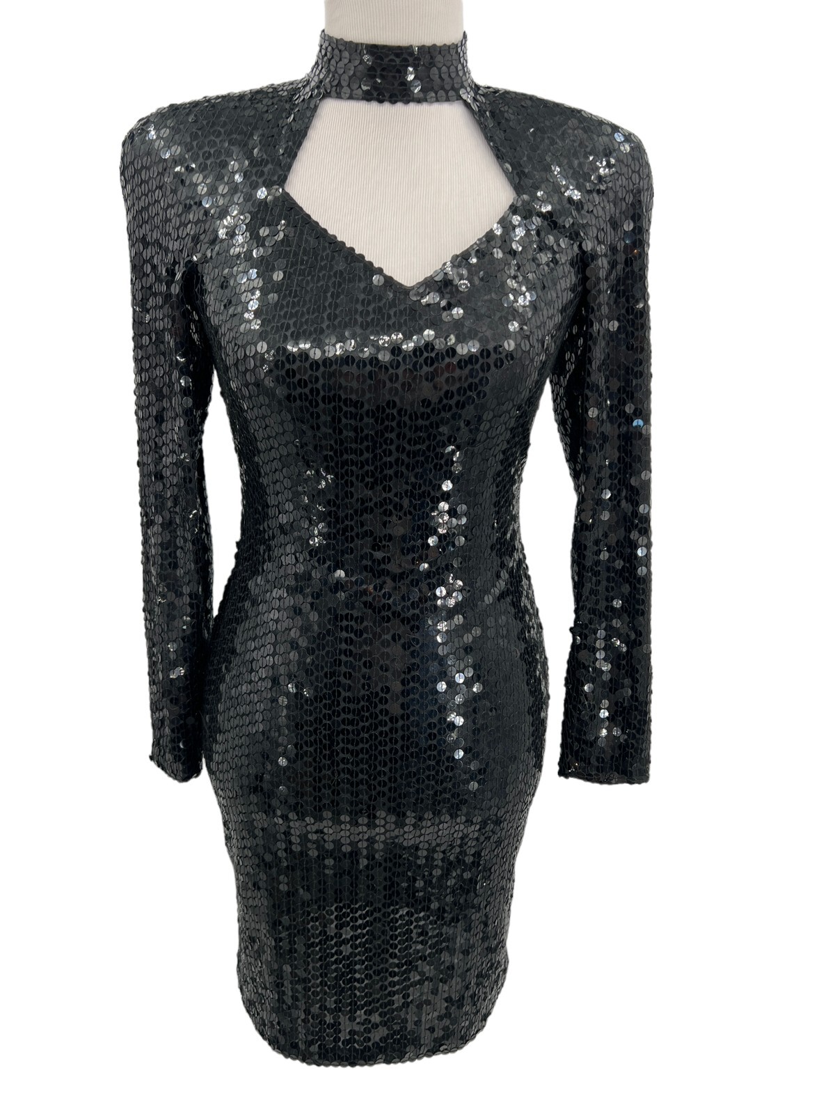 Vtg 80s Night Line Black Sequined Keyhole Neck Stretch Evening Dress Womens Sz 4
