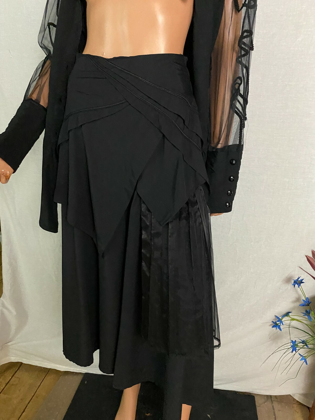 VTG 80s Stevie Nicks Style Black 2 PC Skirt Top Overlay Sheer Goth Steampunk M